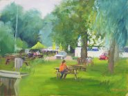 Artist Sue Willmer, Socially Distant, Surlingham Ferry, Oil, 12x16in, £275. Paint Out Norfolk 2020