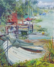 Artist Gail Dorrington, Oh to be upstream!, Coldham Hall, Acrylic, 16x12in, £380. Paint Out Norfolk 2020
