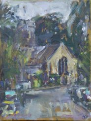 Artist Andrew Horrod, Right turn at Trowse, St. Andrew's Church Trowse, Oil, 24x18cm, £150. Paint Out Norfolk 2020