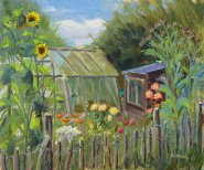 Artist Kate Gabriel, Two and a Half Sunflowers, Winterton Allotments, Oil, , £275. Paint Out Norfolk 2020