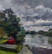 Artist Paul Alcock, The river at Surlingham, Surlingham, Oil, 12x12in, £350. Paint Out Norfolk 2020