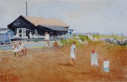 Artist Richard Bond, Beach Cafe in July, Winterton-on-Sea, Watercolour, 13x20in, £350. Paint Out Norfolk 2020