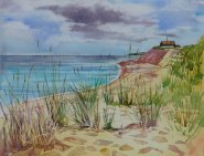 Artist Helen Otter, Winterton Cafe from the Dunes, Winterton-on-Sea, Watercolour, 29x39cm, £100. Paint Out Norfolk 2020