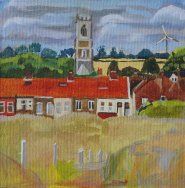 Artist Jude Chaney, Winterton Village from the Dunes, Winterton-on-Sea, Acrylic, 30x30cm, £250. Paint Out Norfolk 2020