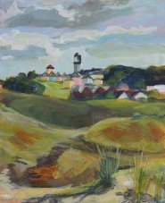 Amanda Barrett, Lighthouse and Coloured Cottages, Winterton-on-Sea, Acrylic, 30x24cm, £190. Paint Out Norfolk 2020