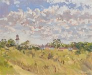 Sarah Allbrook, Contre Jour Clouds over the Lighthouse, Winterton-on-Sea, Oil, 10x12in, £250. Paint Out Norfolk 2020