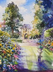 Artist Andrew Geeson, Summer in Bishops Garden, Norwich, Watercolour, 42x29cm, £375. Paint Out Norfolk 2020