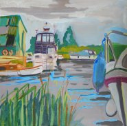Artist Jude Chaney, Boatyard at Ludham Bridge, Ludham, Acrylic, 40x40cm, £240. Paint Out Norfolk 2020