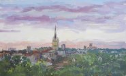 Artist Paul Alcock, Sunset over Norwich, Mousehold, Oil, 10x14in, £350. Paint Out Norfolk 2020