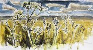 Artist Susan Isaac, Datum Line in the Grass (Burgh Castle), Burgh Castle, Acrylic, 30x60cm, £350. Paint Out Norfolk 2020