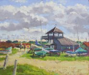 Artist Mo Teeuw, Sunny Day, Morston, Morston Quay, Oil, 12x14in, £420. Paint Out Norfolk 2020