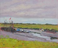 Artist Mo Teeuw, Low Tide, Morston, Morston Quay, Oil, 10x12in, £375. Paint Out Norfolk 2020