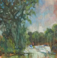 Artist Sam Robbins, Quiet Monday, Hickling Staithe, Oil, xin, £300. Paint Out Norfolk 2020