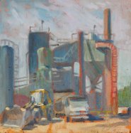 Artist Stephen Johnston, The Tarmac Plant, Trowse, Norwich, Oil, 12x12in, £250. Paint Out Norfolk 2020