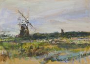 Artist Andrew Horrod, I Chased But Did Not Catch, Cley Windmill, Blakeney Church, Acrylic, 30x40cm, £250. Paint Out Norfolk 2020
