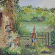 Artist Gail Dorrington, In the Shadow of Ruins, Whitlingham country park, Acrylic, 40x40cm, £300. Paint Out Norfolk 2020