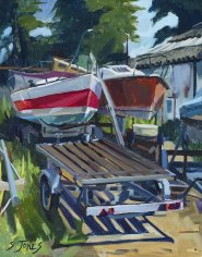 Artist Stuart Jones, Boat Builders Yard, Trowse, Norfolk, Oil, 14x11in, £475. Paint Out Norfolk 2021
