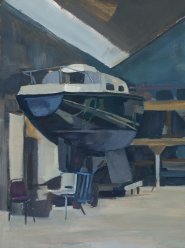 Artist Charlotte Kearsley, In the Boatyard, Boatyard nr Whitlingham Country Park, Norfolk, Oil, 40x30cm, £325. Paint Out Norfolk 2021