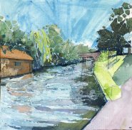Artist Alfie Carpenter, Blue skies over Bishop’s Bridge, Norwich, Norfolk, Mixed Media, 26x26cm, £295. Paint Out Norfolk 2021