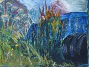 Artist Lisa Banks, Boat yard old tyres, Whitlingham Lane, Norfolk, Acrylic, 12x16cm, £100. Paint Out Norfolk 2021