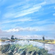 Artist Tom Cringle, Thurne windmill and broad view, Thurne, Norfolk, Acrylic, 80x80cm, £750. Paint Out Norfolk 2021