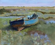 Artist Karen Adams, Abandoned on Sea Lavender, Brancaster Staithe, Norfolk, Oil, 10x12in, £360. Paint Out Norfolk 2021