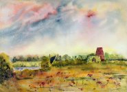 Artist Celia Olsson, St Benets with wherry, St Benets Abbey, Norfolk, Watercolour, 11x15in, £225. Paint Out Norfolk 2021