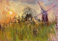 Artist Sarah Allbrook, Sunset through the reeds, How Hill, Norfolk, Oil, 9x12in, £200. Paint Out Norfolk 2021