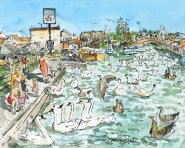 Artist Eloise O'Hare, Broads, Birds, Babes, Wroxham, Norfolk, Mixed Media, 50x60cm, £400. Paint Out Norfolk 2021