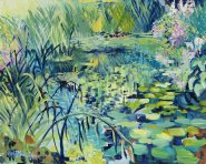 Artist Gail Dorrington, It’s Giverny but not as we know it Claude, Gooderstone Water Gardens, Norfolk, Acrylic, 14x18in, £275. Paint Out Norfolk 2021