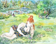 Artist Eloise O'Hare, Norfolk Riveria, Caen Meadow, Wroxham, Mixed Media, 50x60cm, £500. Paint Out Norfolk 2021