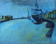 Artist Jack Godfrey, The Kelzerberg makes ready to sail (First version), Great Yarmouth Docks, Norfolk, Oil, 30x39cm, £425. Paint Out Norfolk 2021