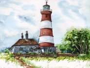 Artist Praveen K R, A Fortified Lighthouse in Happisburgh, Norfolk, Watercolour, 30x40cm, £585. Paint Out Norfolk 2021