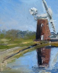 Artist Rachel Wright, Horsey wind pump late afternoon, Horsey, Norfolk, Oil, 10x8in, £300. Paint Out Norfolk 2021