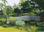 Artist Tushar Sabale, The Monet bridge in the garden, Gooderstone Water Gardens, Norfolk, Oil, 12x16in, £250. Paint Out Norfolk 2021