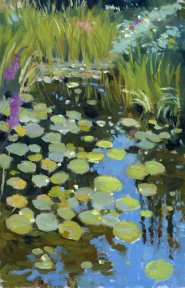 Artist Naomi Clements Wright, Lily the drink, Gooderstone Water Gardens, Norfolk, Oil, 15x10in, £380. Paint Out Norfolk 2021