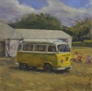 Painting by Kate Gabriel of yellow campervan