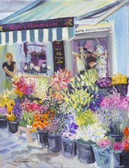 Painting by Gail Dorrington of Norwich market flower stall