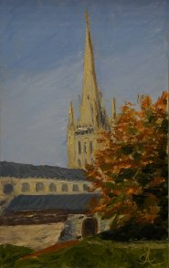 Artist Eleanor Alison, Autumn Spire, Norwich Cathedral, Oil, 12x8in, £120 Painting by Eleanor Alison of Cathedral
