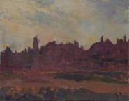 Artist Richard Bond, October dusk, Cathedral Close, Norwich, Oil, 8x10in, £150 Painting by Richard Bond of Statue