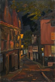 Artist Karen Adams, Rosy Glow on Elm Hill, Norwich, Oil, 30x20cm, £230 Painting by Karen Adams of Elm Hill