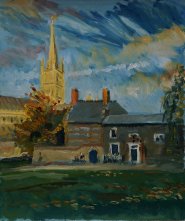 Artist Neil Warren, Failing light, Norwich Cathedral, Oil, 12x9in, £120 Painting by Neil Warren of Norwich Cathedral
